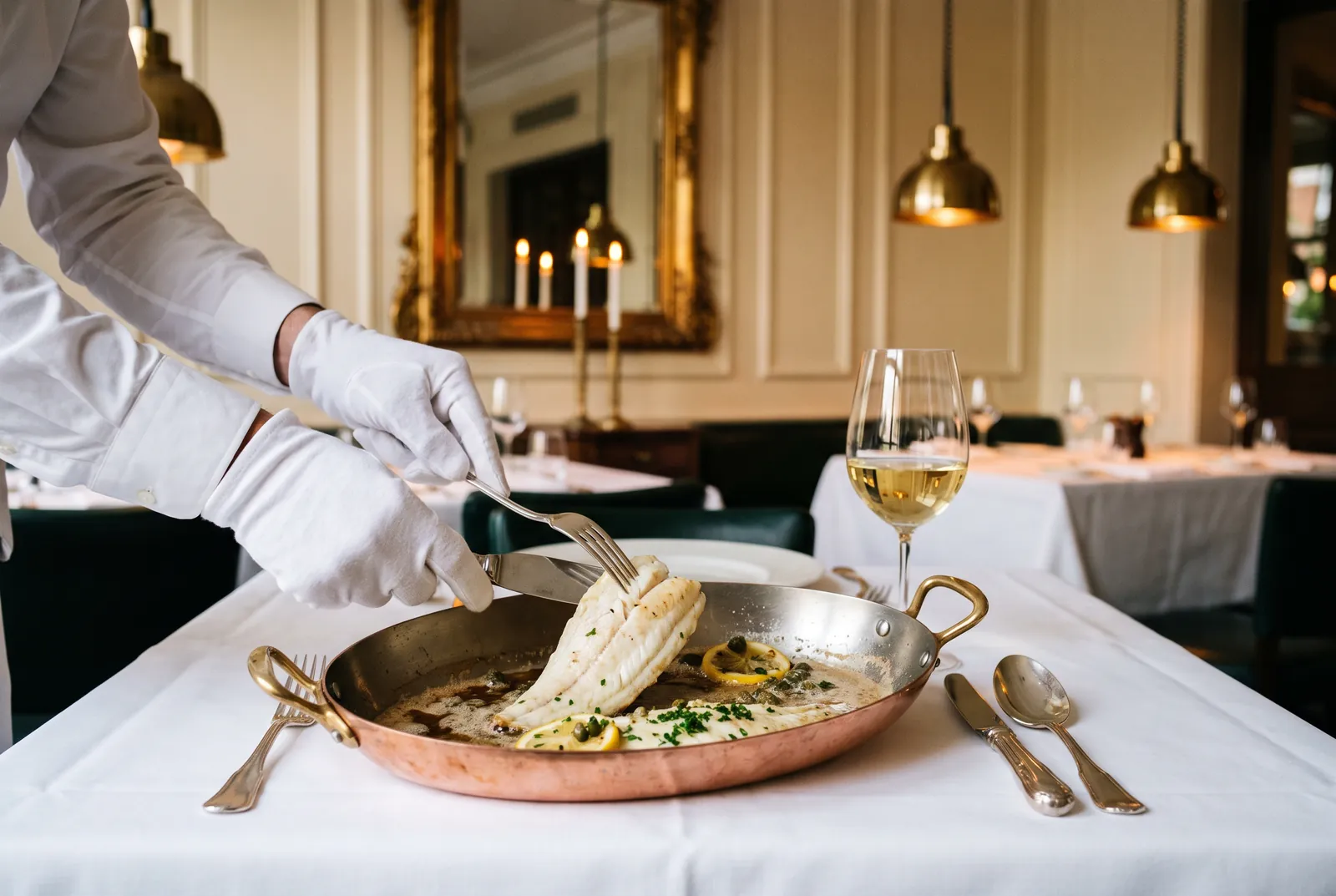 Zeetong wordt aan tafel gefileerd in een koperen pan