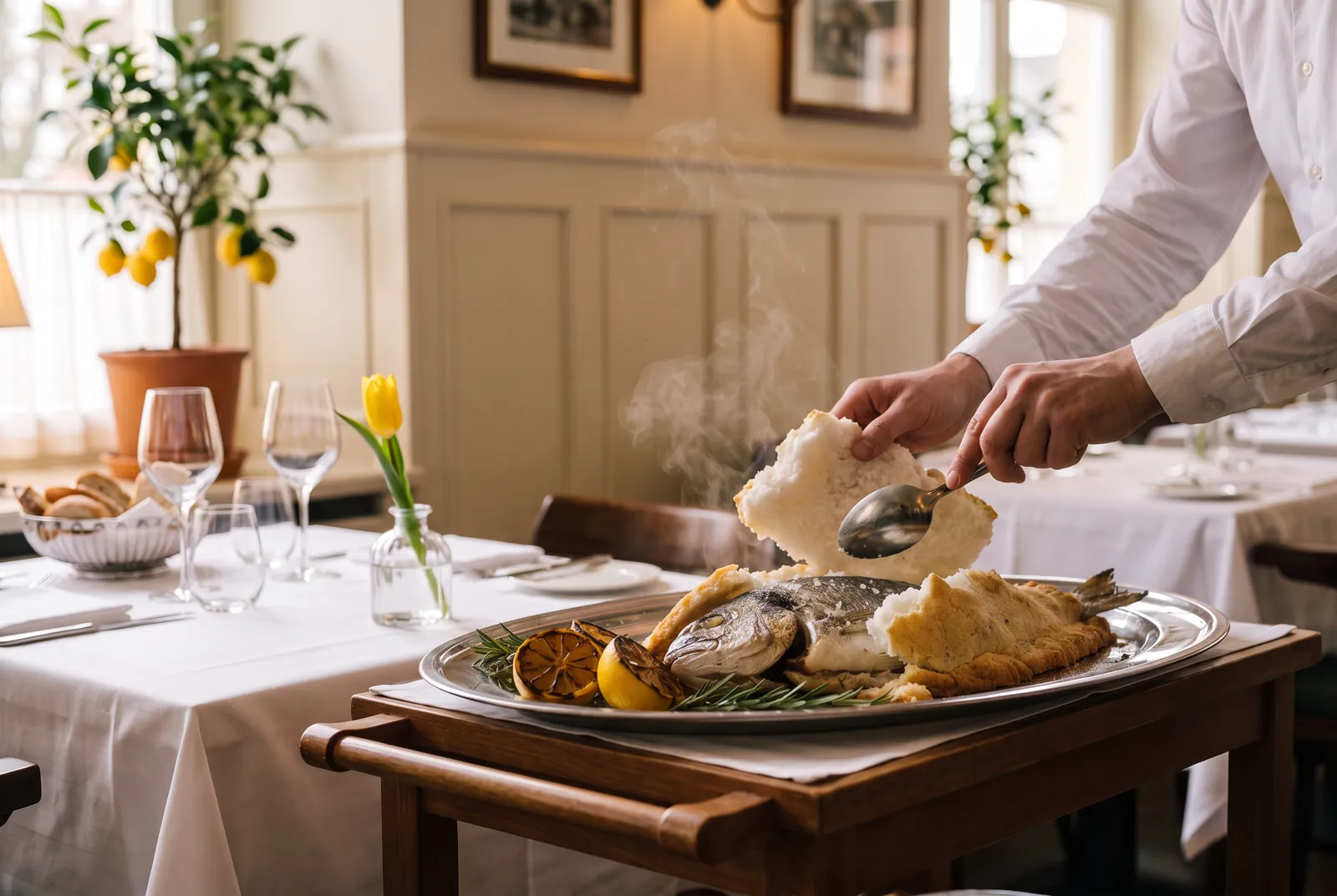 Dorade in een korst van zeezout wordt aan tafel opengebroken